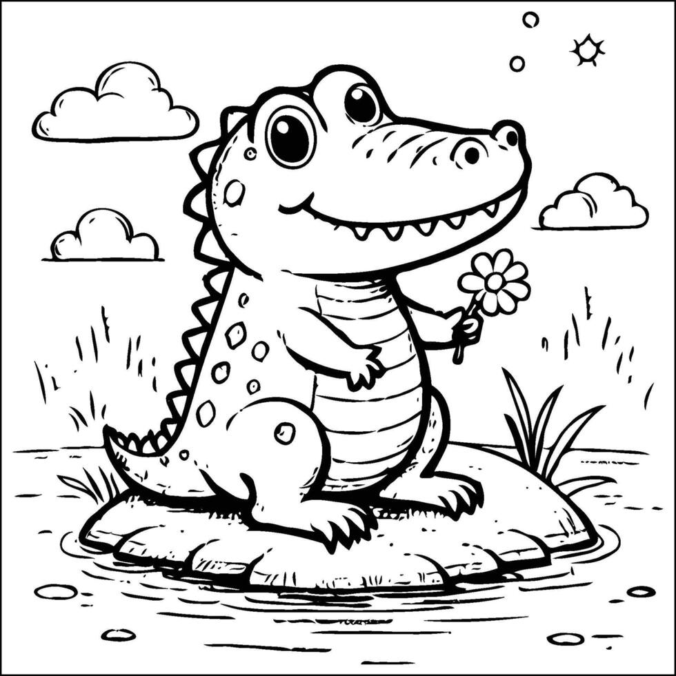Cute Alligator on a Riverbank Coloring Page Outline vector