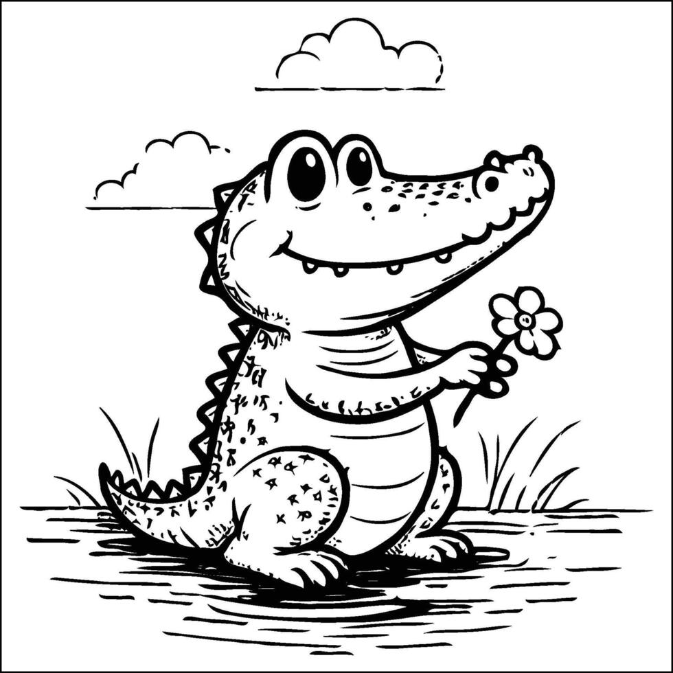 Friendly Cartoon Alligator Near the River Outline Coloring Page vector