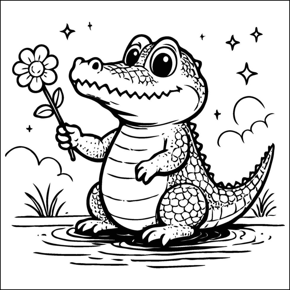 Cheerful Alligator Sitting by the Water Outline Coloring Page vector