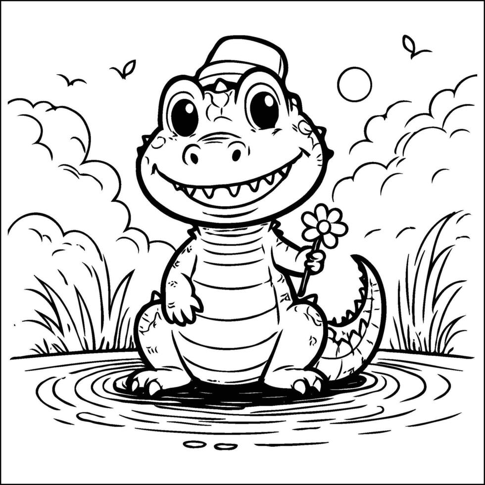 Smiling Alligator Holding a Flower Outline Coloring Page vector
