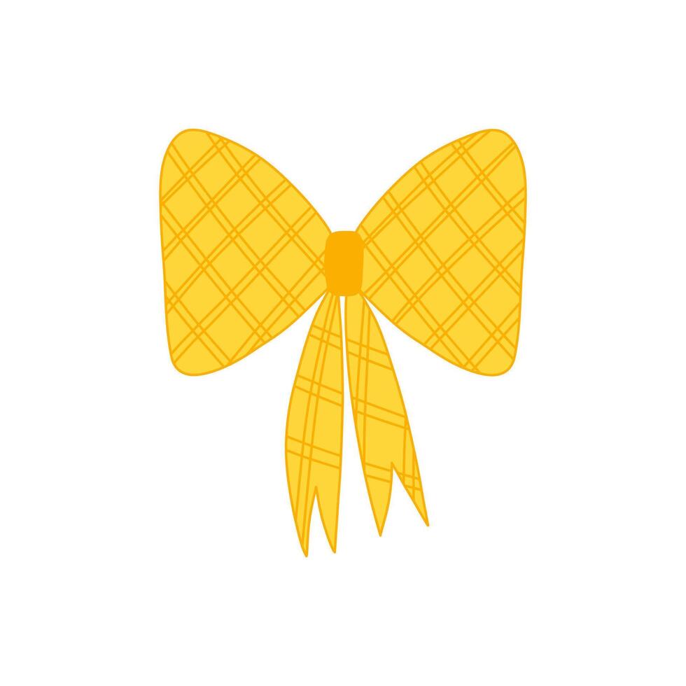 Nice bow doodle illustration. Cute big yellow checkered ribbon. Template for banner, packaging, postcard, website. Hand drawn illustration isolated on white background. vector