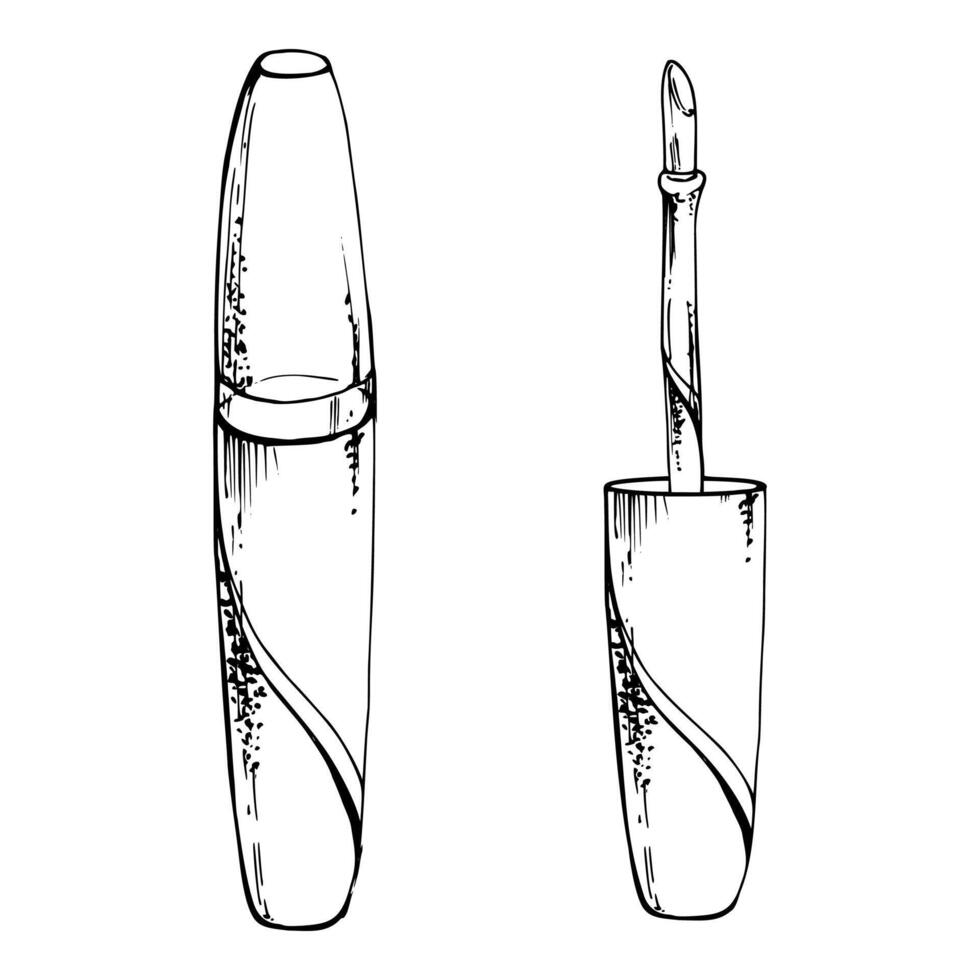 Make-up lipstick, lip gloss balm moisturizer highlighter primer foundation concealer. Line sketch hand drawn in ink, isolated object. Beauty parlor salon illustration, packaging, cosmetics shop vector