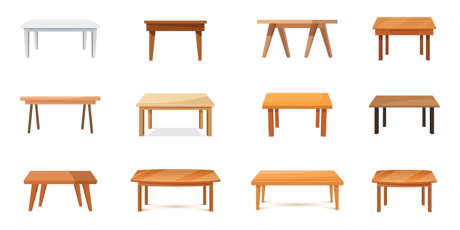 Table furniture icon set collection in flat style. Wooden table illustration on isolated background. Dinner desk sign business concept. vector