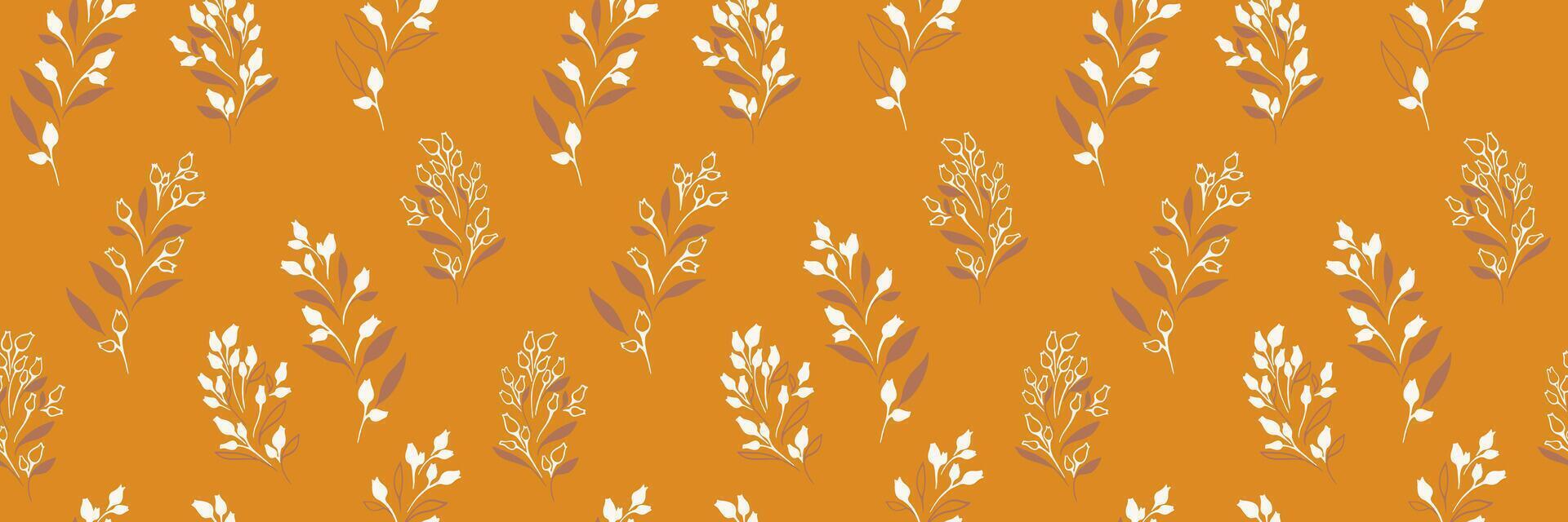 Simple seamless pattern with shapes tiny branches leaves, buds with drops. Vintage yellow floral print. hand drawn sketch. Nature ornament for designs vector