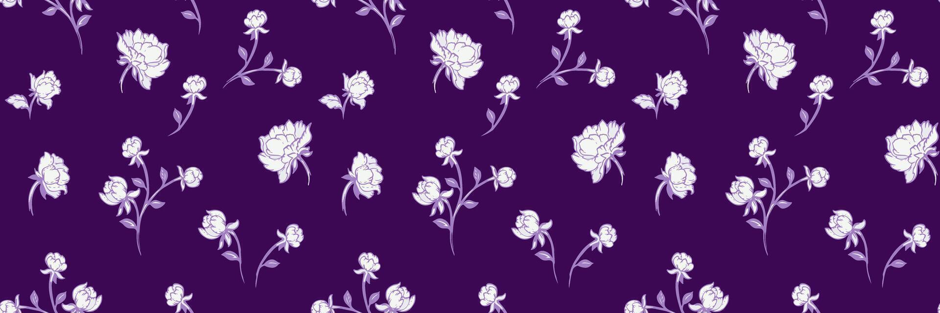 Purple pattern with abstract rosebuds, roses on a dark violet background. hand drawing. Stylized branches flowers seamless print. Simple ornaments for designs, textile, surface design vector