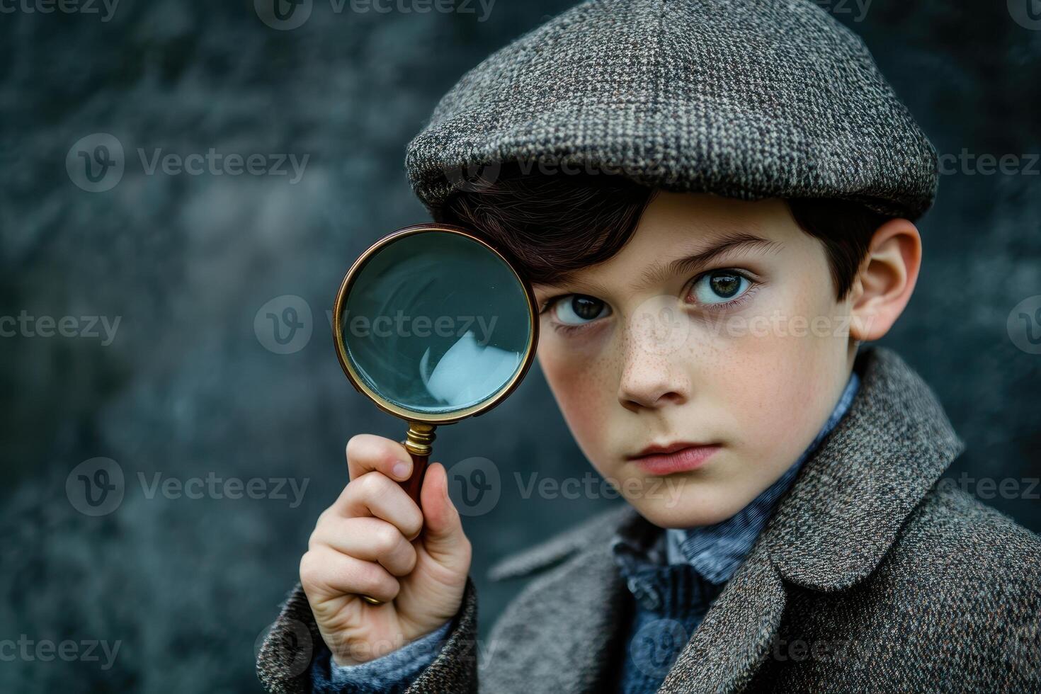 a child wearing a hat and coat holding a magnifying glass against a isolated background, exploring and investigating concept.. photo