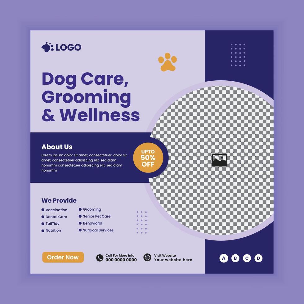 Dog care, grooming, adoption and food store Social Media Post Design or Pet Business web or online Square Banner Template vector