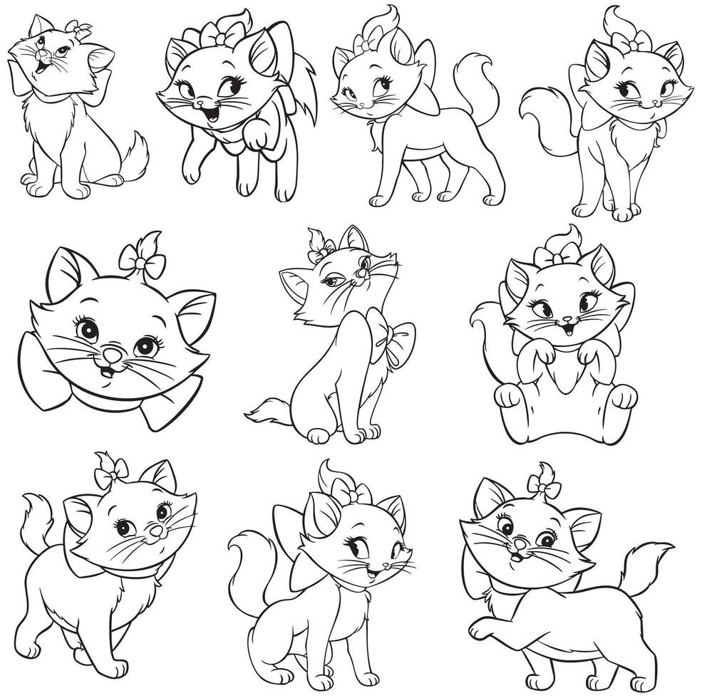 a set of cartoon cat characters coloring pages vector