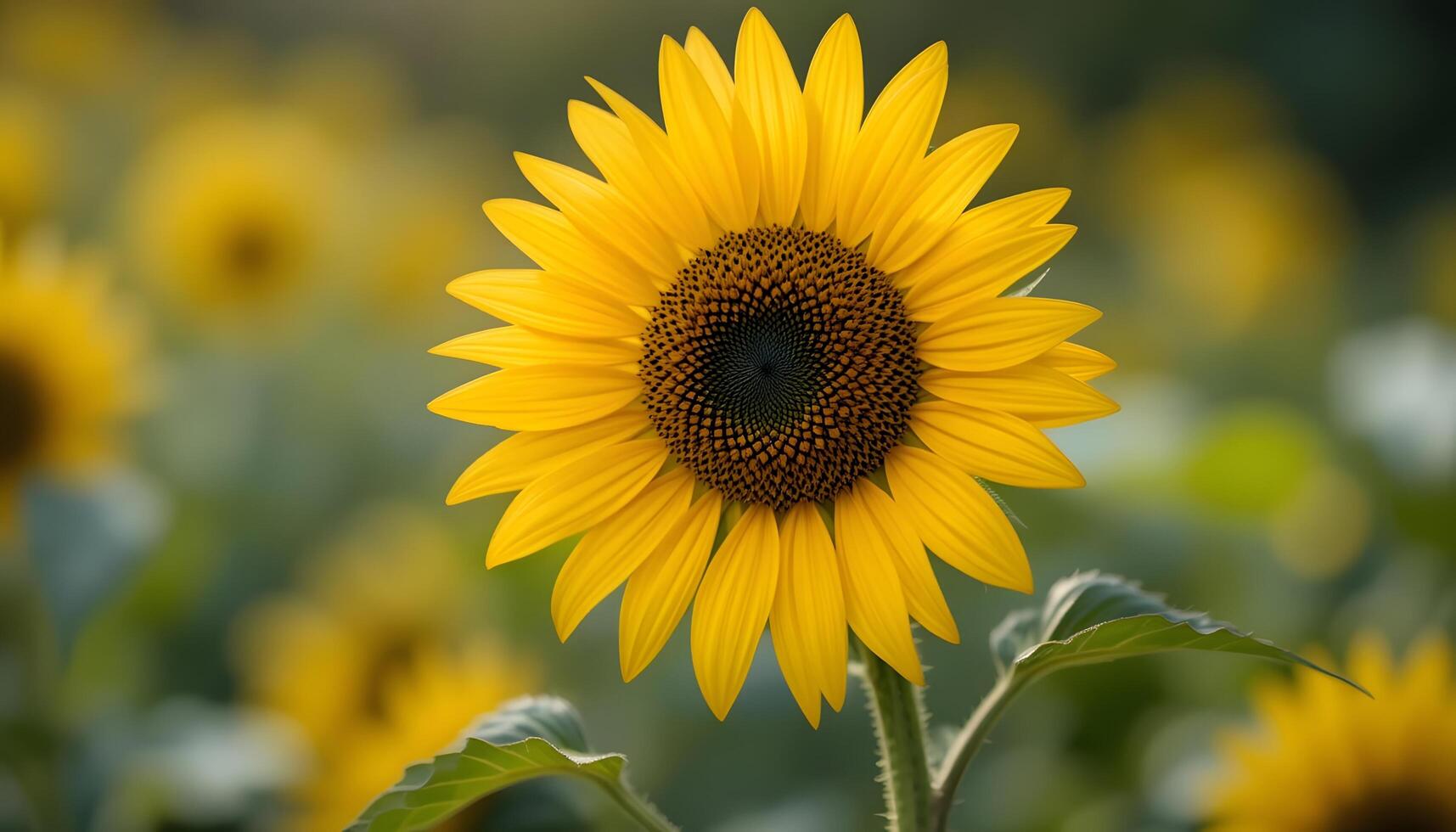 A close-up of a vibrant yellow sunflower in full bloom, with a blurred background of green leaves. photo