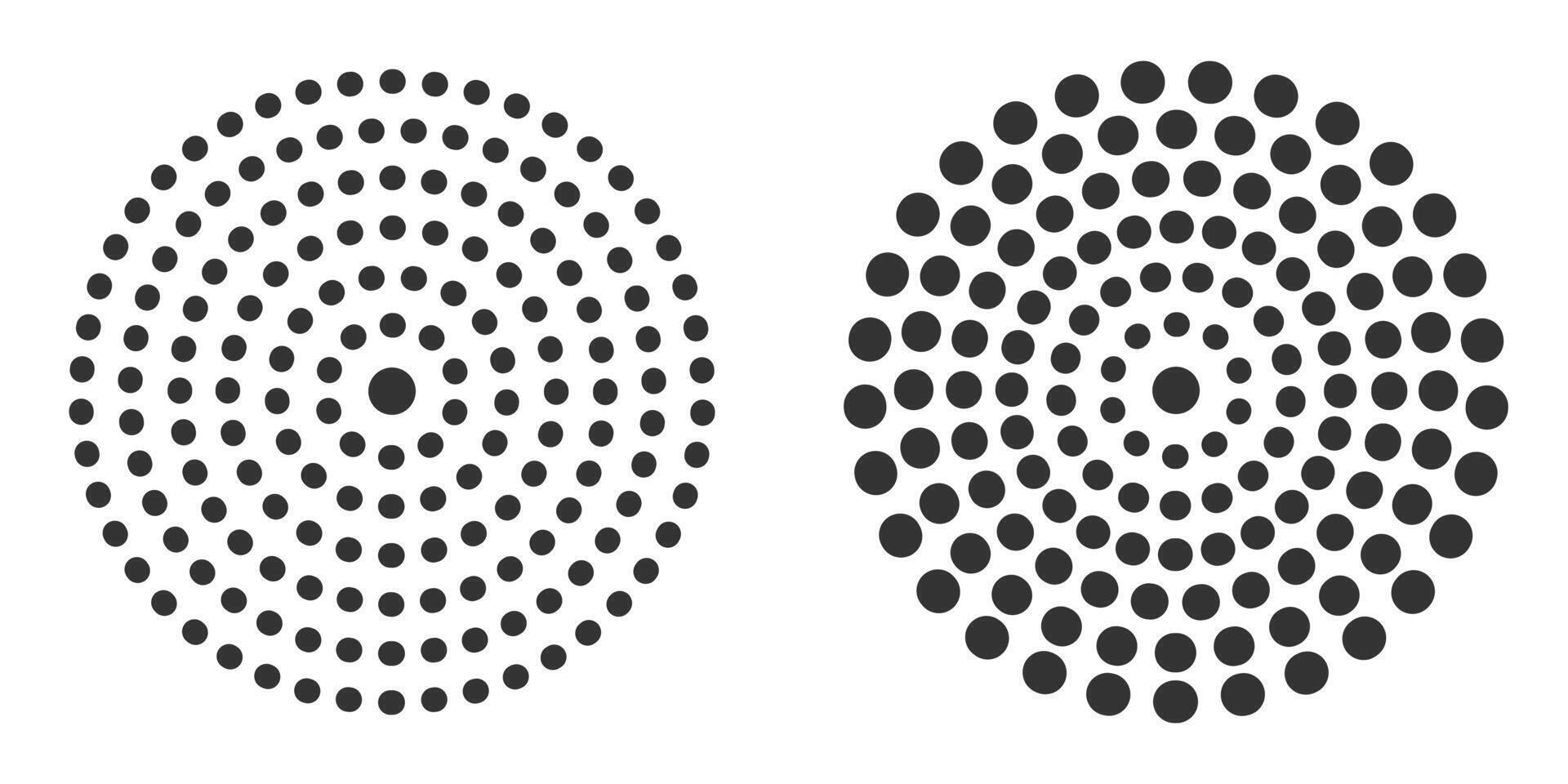 Circular sunburst pattern with gradient dots in two variations. vector