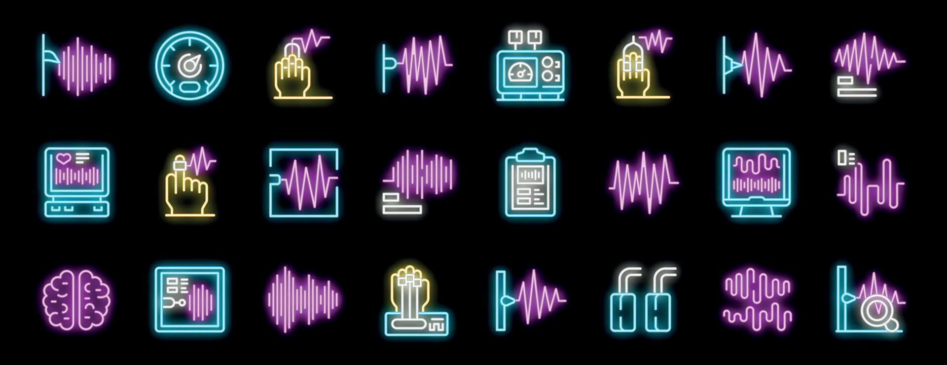 Neon sound wave and technology icons collection vector