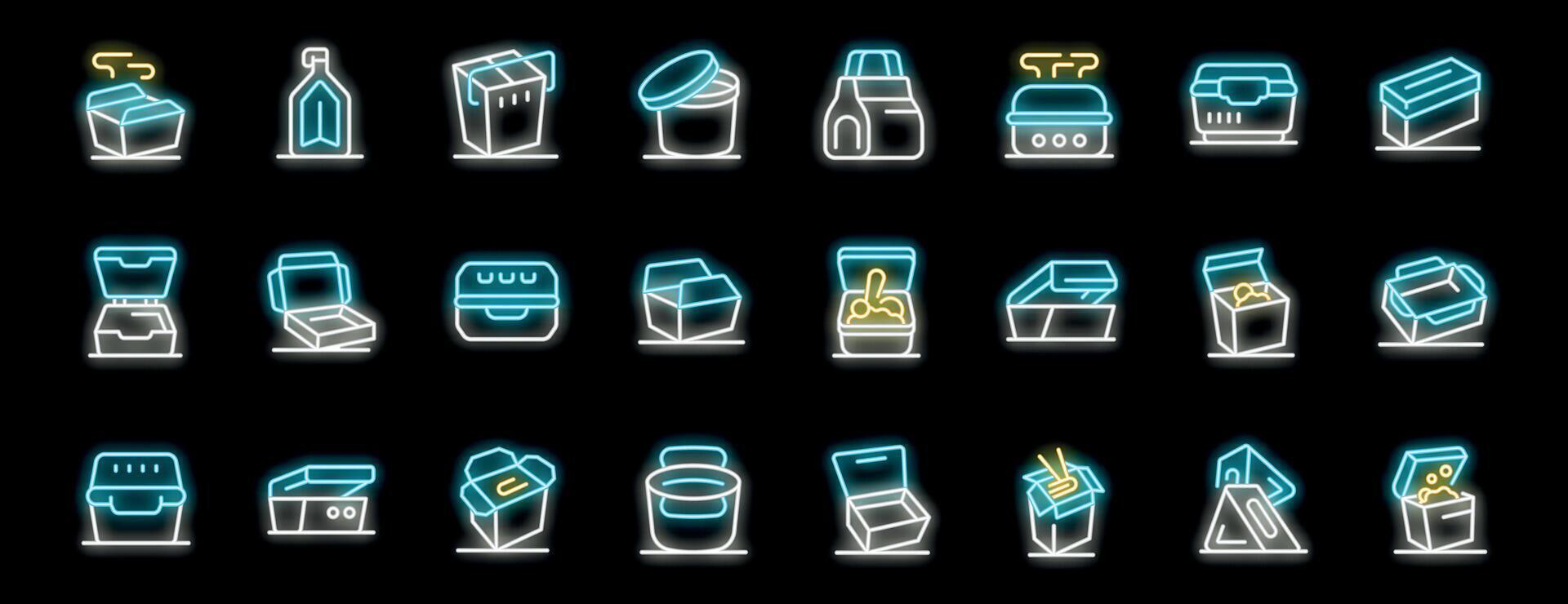 Neon food container icons representing take away and food delivery services vector
