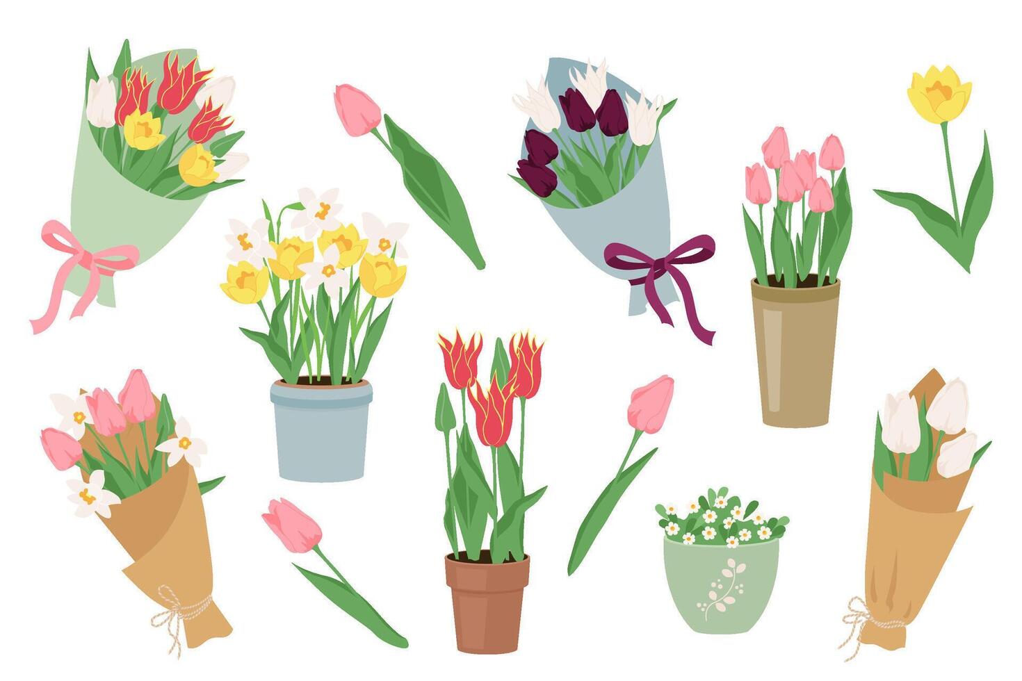 Set of early spring garden flowers in bouquets and pots. Floral design elements for Happy women's day March 8, Valentine's Day, birthday. Blooming tulips and daffodils isolated on white vector