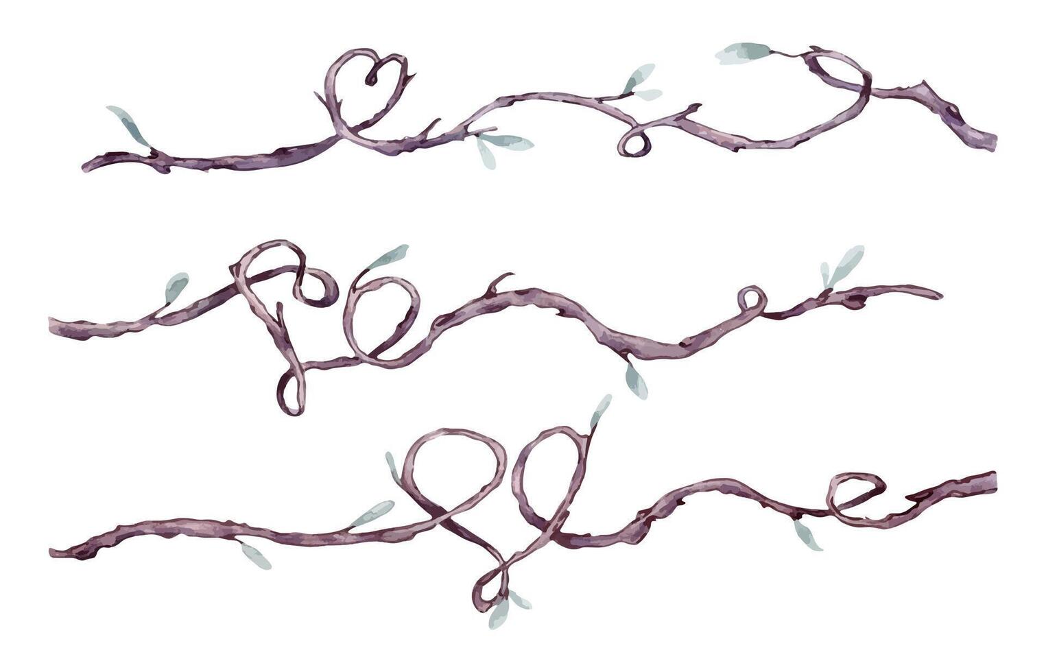 Tree branches heart shaped watercolor illustration isolated. Intertwined branches with delicate green leaves, forming artistic shapes and patterns hand drawn. Elements for natural designs, Valentine. vector