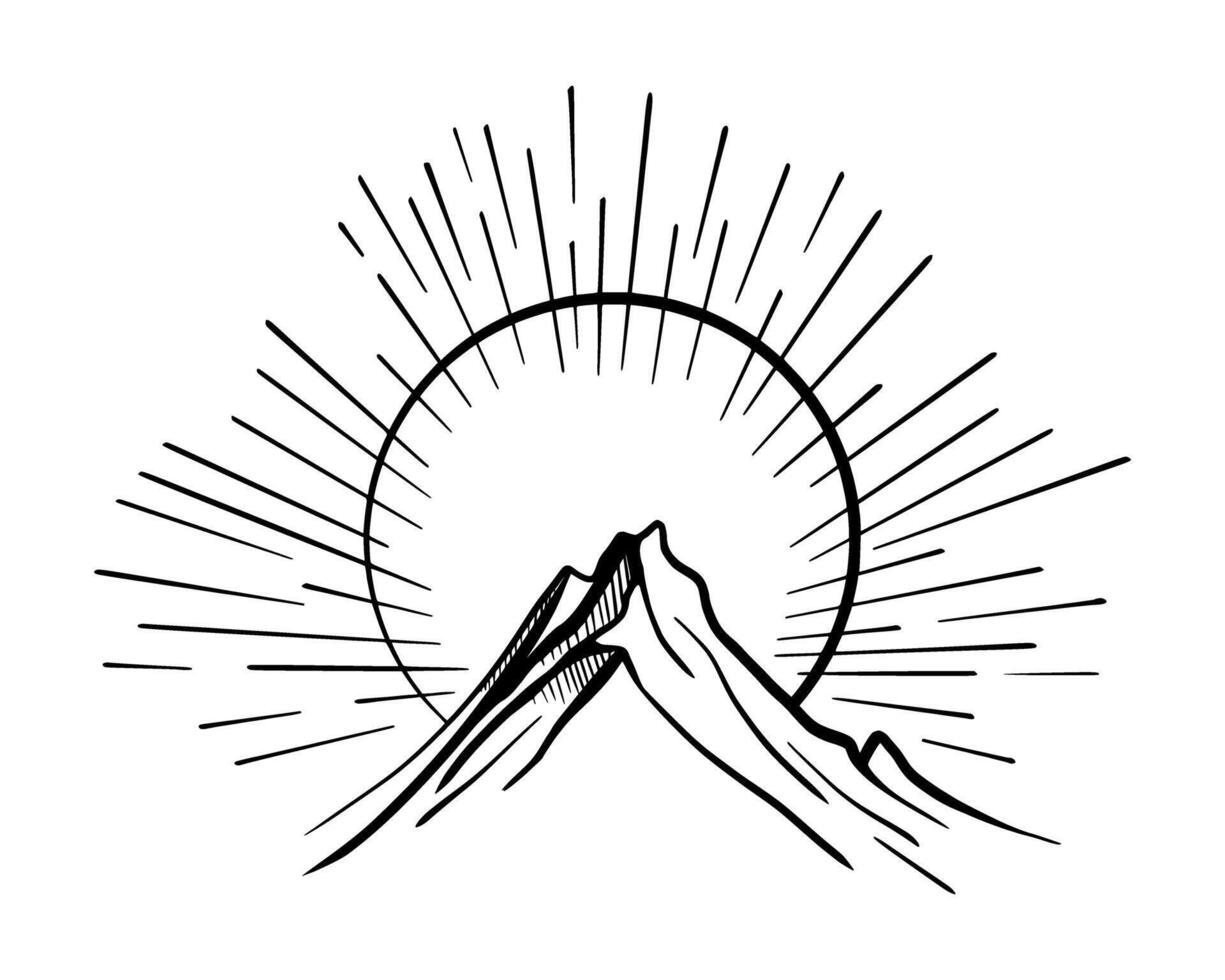 Linear drawing mountains, Sunrise and sunset illustration. Line landscape with mountain rock. Camping nature adventure. Badge patch, pin graphic illustration in monoline styles vector