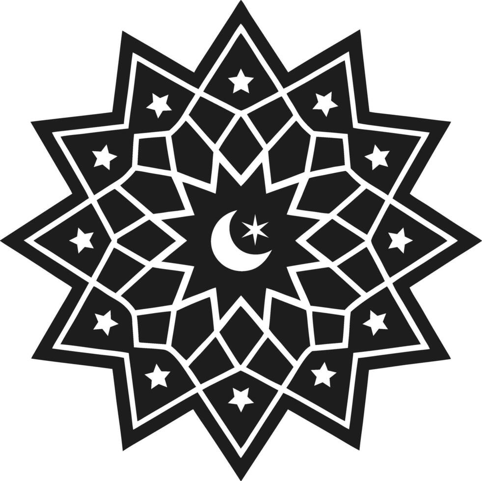 Islamic Geometric Star Pattern with Crescent Moon and Stars Silhouette vector
