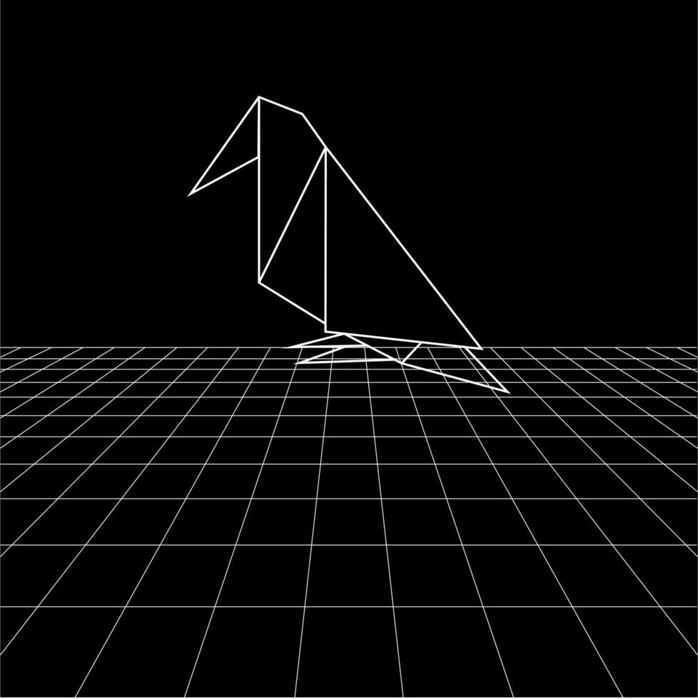 Bird polygonal lines on the Synthwave vaporwave, perspective grids, wireframe landscape background, laser grid in deep space. BW and Editable. vector