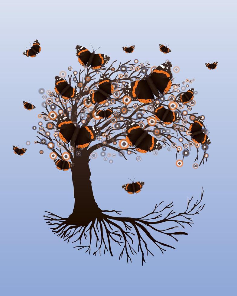 A tree of life, also called yggdrasil, with vanessa atalanta butterflies in the crown. The roots of the tree are visible vector