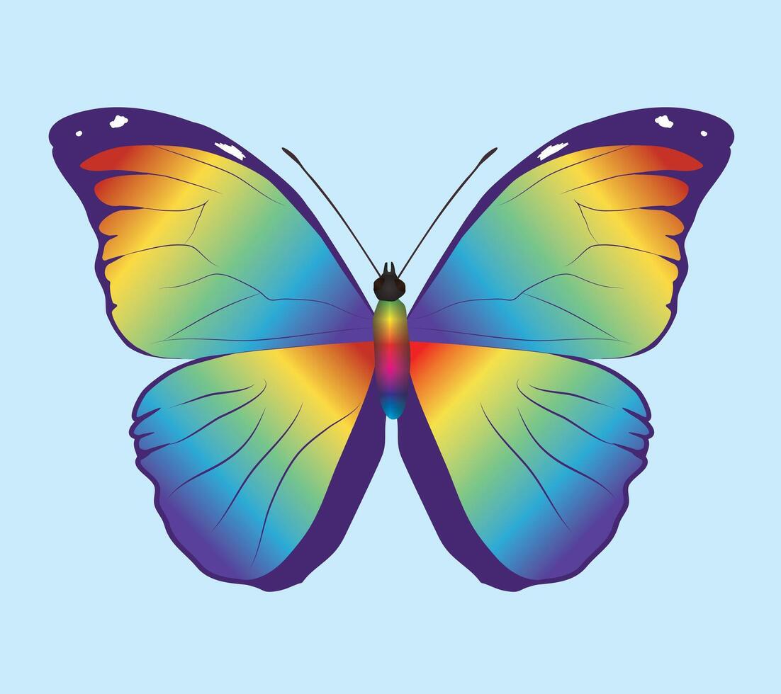 Rainbow morpho menelaus butterfly. The wings are filled with a rainbow gradient. Also the body of the insect is a rainbow. Dorsal view. vector