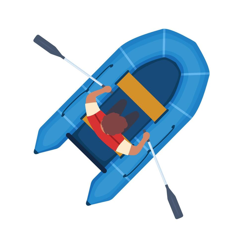 Man Rowing Rubber blue Inflatable Boat, Top View Rubber boat with paddle. Rafting extreme water sport. Fishing equipment. Inflatable rubber vessel boat. illustration. vector