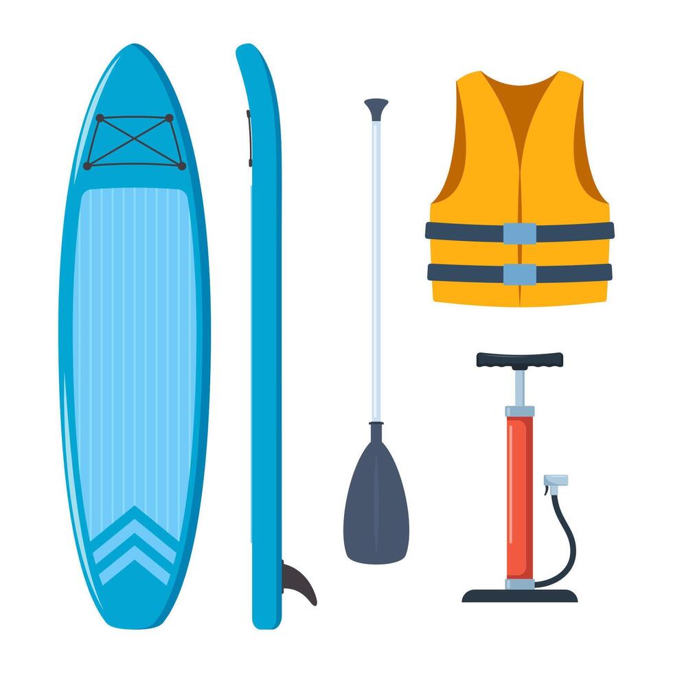 Blue Stand Up Paddle board Accessories. Basic set for SUP. Inflatable board, paddle, life jacket, pump. illustration. vector