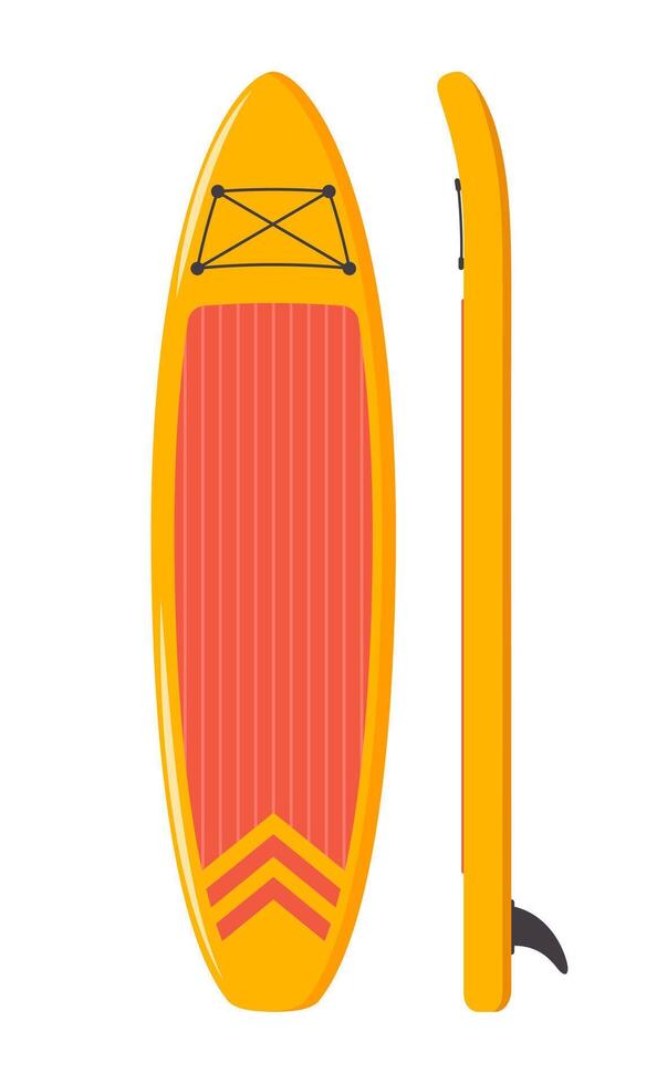 Yellow inflatable sup board for outdoor activities and water sports. Stand up pabble board in different view. illustration. vector