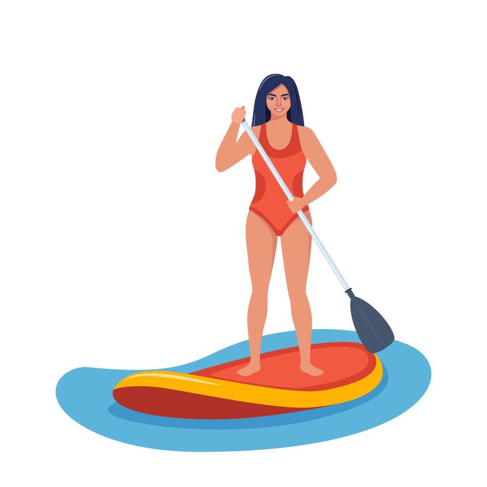 Girl standing on sup board on water. Happy woman holding oar and swims on the sea. Summer water sport activities. illustration. vector
