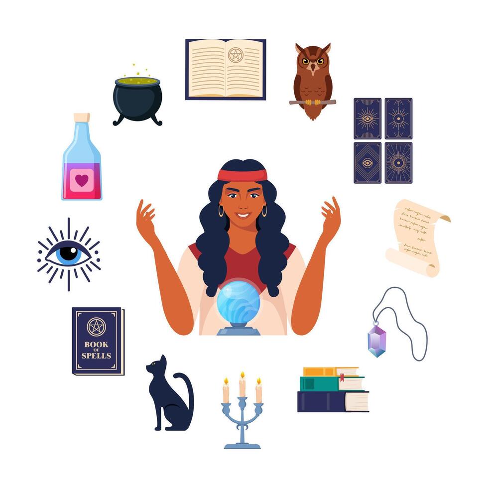 Magician set of tools. Wizard magic mystery amulet, spell book, gypsy fortune teller, crystal ball, evil eye, tarot cards, potion cauldron. illustration. vector