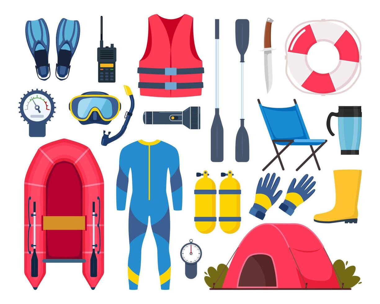 Scuba diving accessories. Diver, aqualung, oxygen cylinders, wetsuit, scuba mask, snorkel, boat, camp, vest, flippers, life jacket, fins, boat, etc. illustration vector