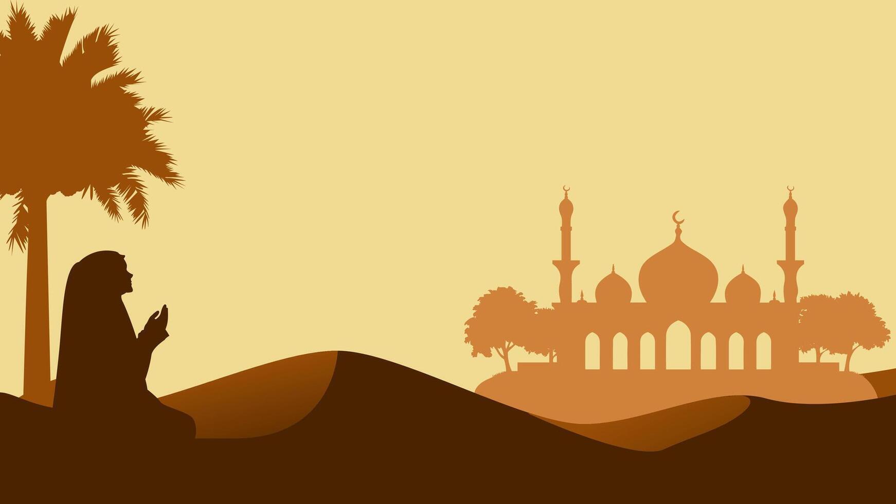 Ramadan landscape illustration. Mosque silhouette in the desert with a muslim woman in pray pose. Mosque landscape for illustration, background or ramadan. Eid mubarak landscape vector
