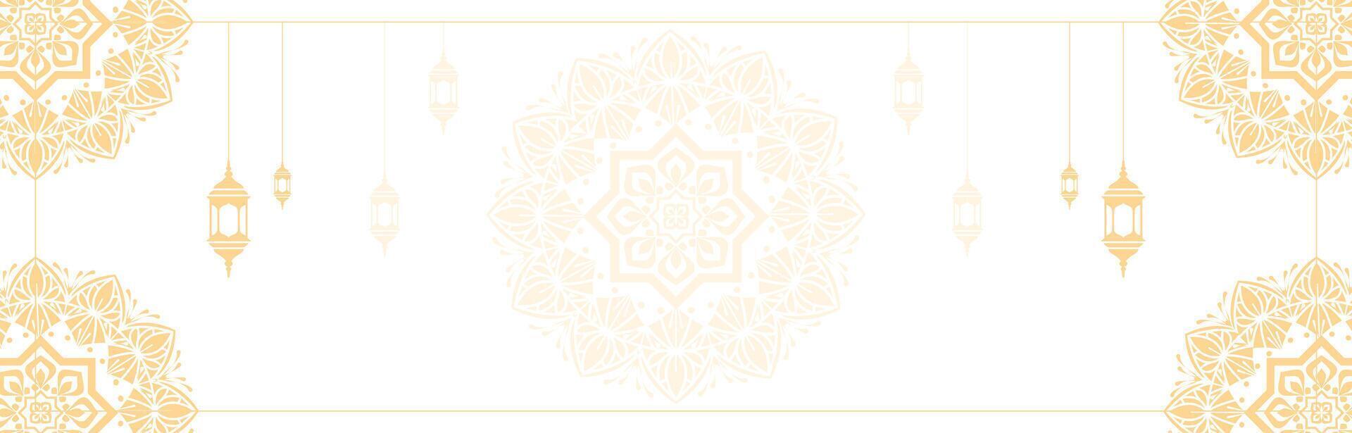 WebLuxury white golden mandala and hanging lamps. Eid mubarak ramadan or ramadhan islamic background banner frame. vector