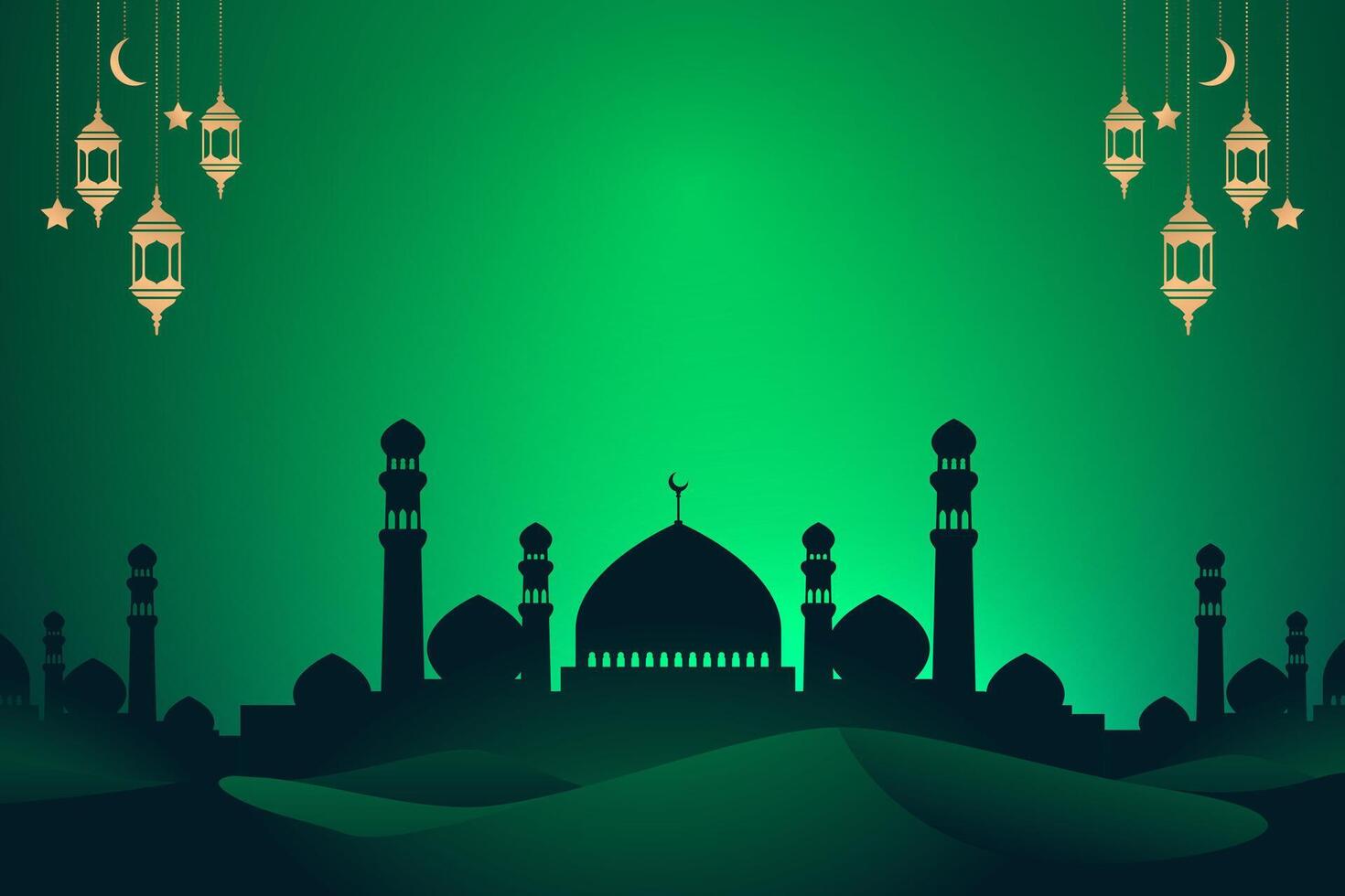 Green gradient template for islamic ramadan celebration with silhouette of mosque and desert. Hanging golden arabian traditional lanterns, crescent and star. illustration vector