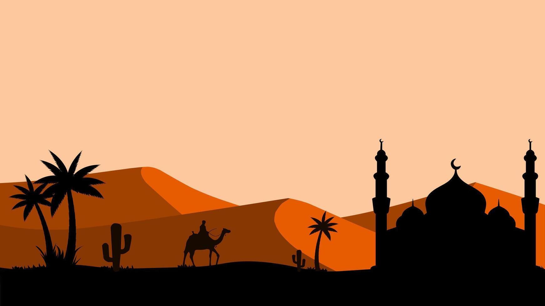 Ramadan landscape illustration. Mosque silhouette in the desert with camel and a muslim. Mosque landscape for illustration, background or ramadan. Eid mubarak panorama for ramadan event vector