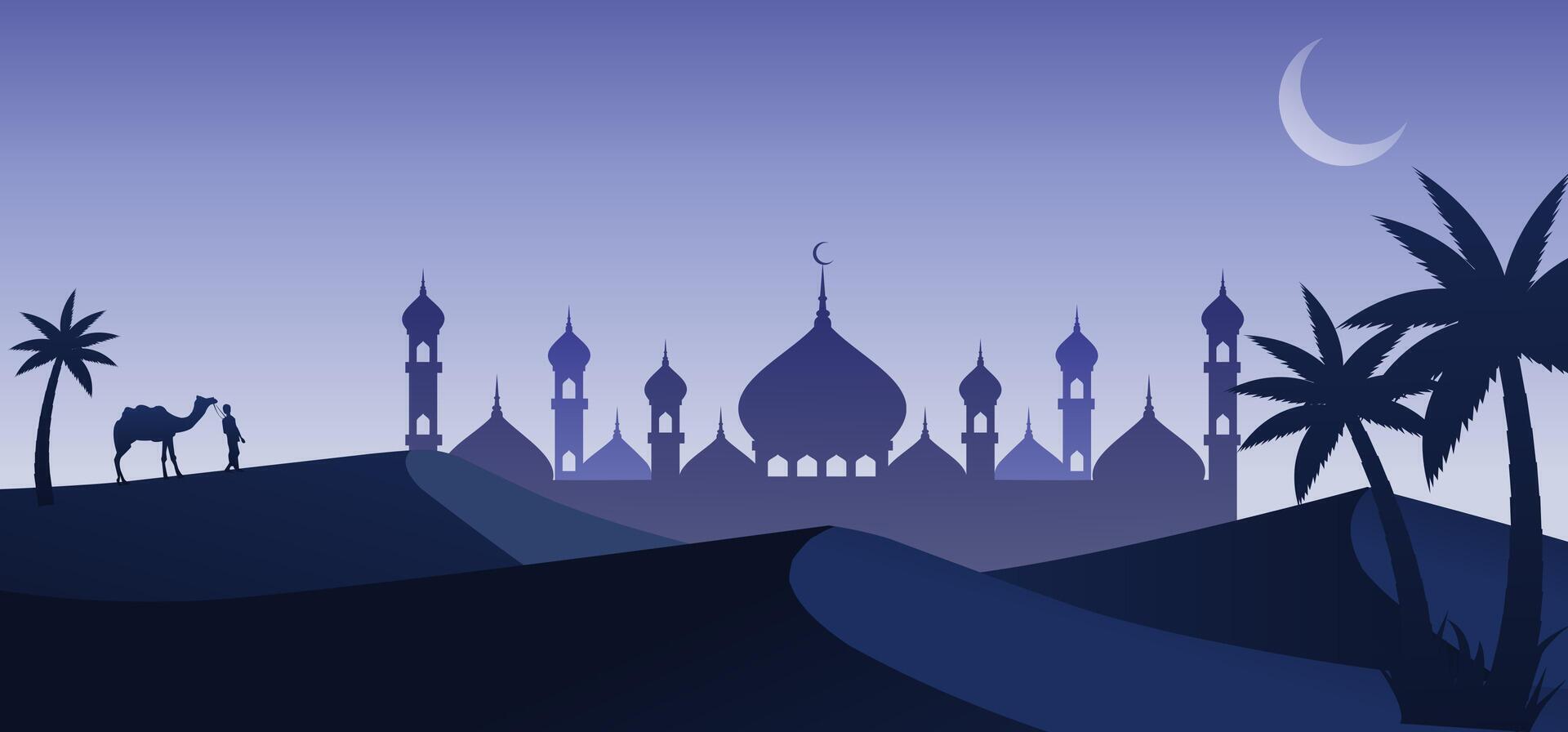 Man and his camel in desert night with mosque and crescent moon background, arabia desert landscape night view, silhouette illustration, Islam or Ramadan concept vector