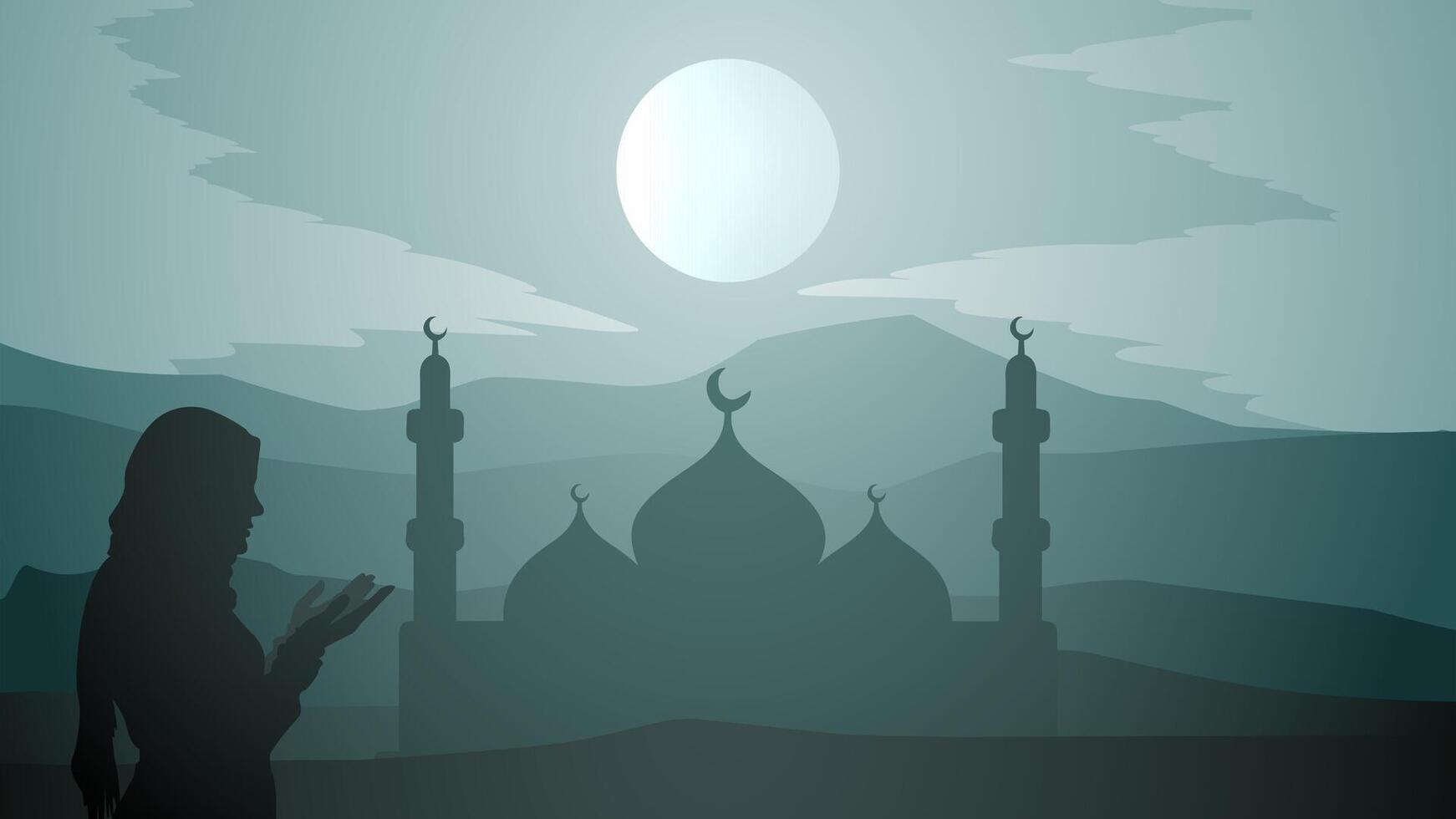 muslim woman pray or worship in desert night with mosque and full moon background, arabia desert landscape night view, silhouette illustration, Islam or Ramadan concept vector