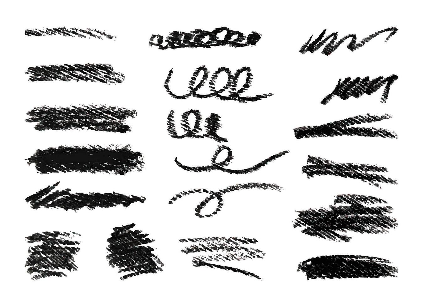 Doodle Charcoal in grunge style on white background. Hand drawn textured strokes with black pencil of different sizes. Stripes, dashes, arcs with dark marker. illustration for banner, poster. vector