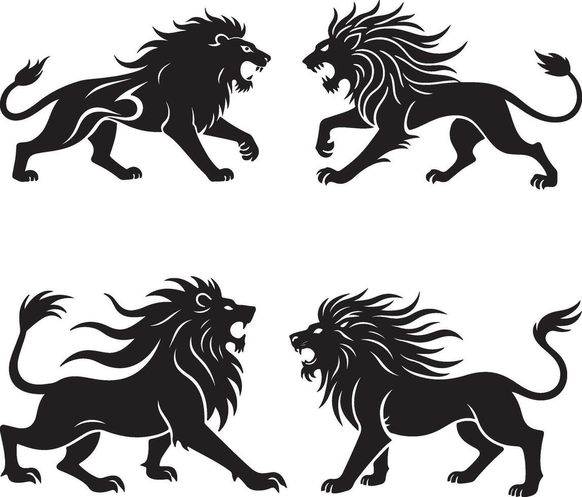 Black Silhouette Lion Illustrations in Fierce Poses with Flowing Manes vector