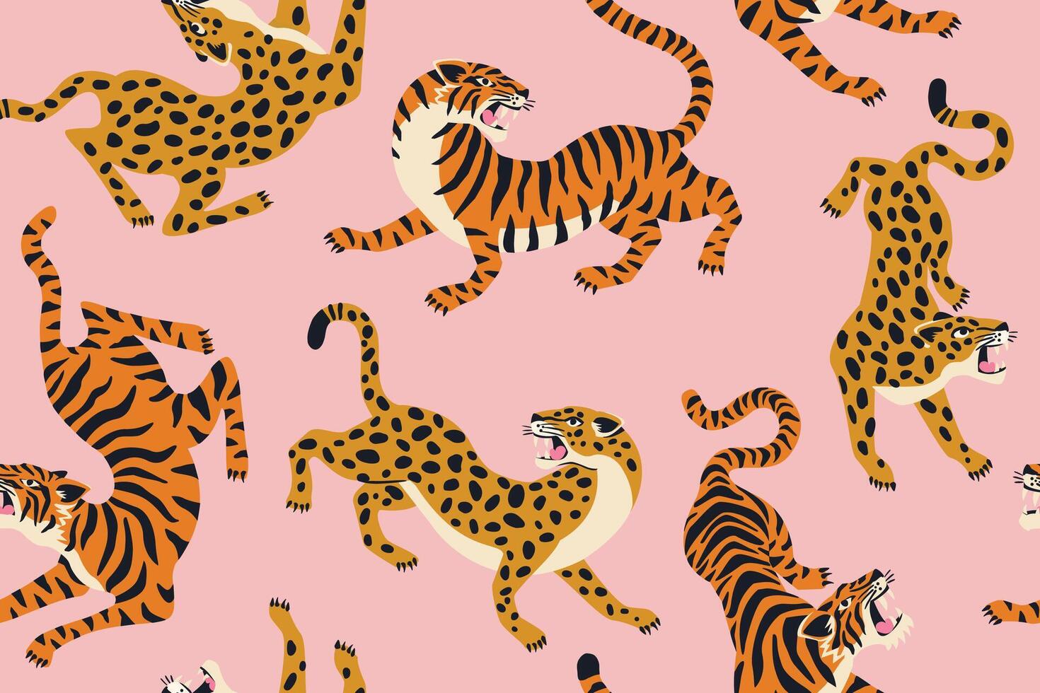 Bengal tigers and leopards. seamless pattern with wild animal on pink background. Fashionable fabric design. vector