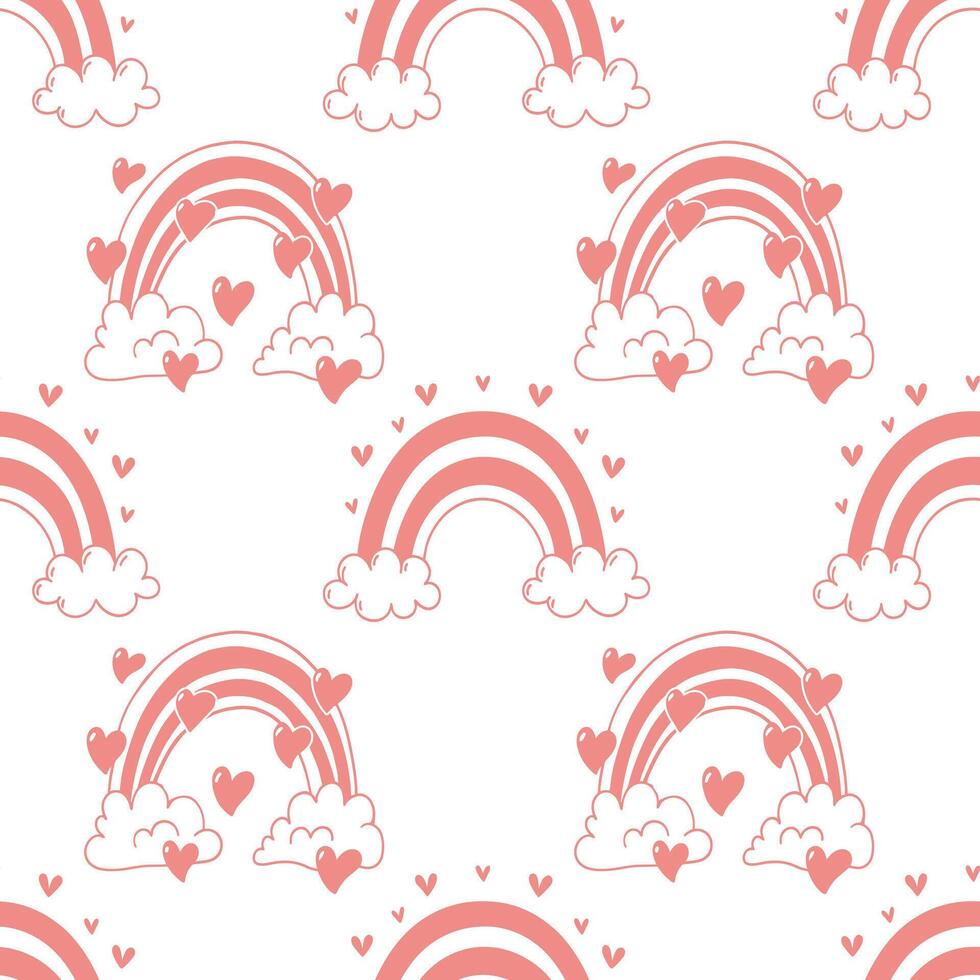 Seamless pattern with pink rainbows with clouds and hearts. Cute pastel background, hand-drawn illustration. vector