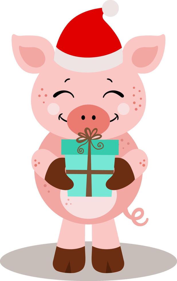 Cute Christmas pig holding a gift box vector