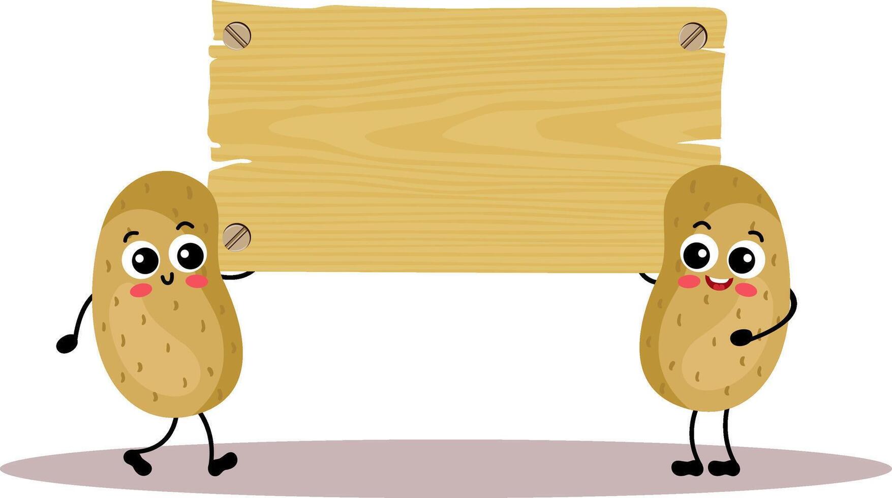 Two funny potatoes holding a empty wooden signboard vector