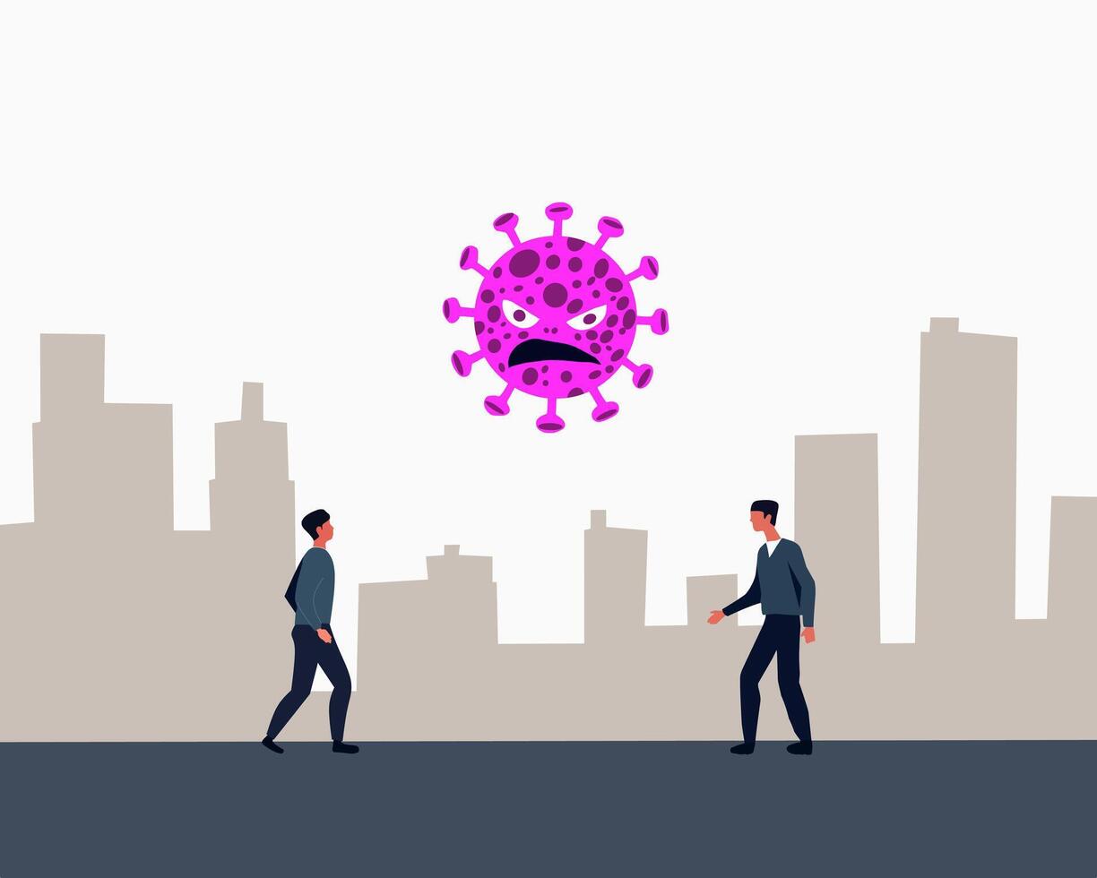 Illustration of two people walking in a city with a giant angry pink virus floating above, symbolizing a health threat or pandemic danger. Ideal for awareness concepts vector