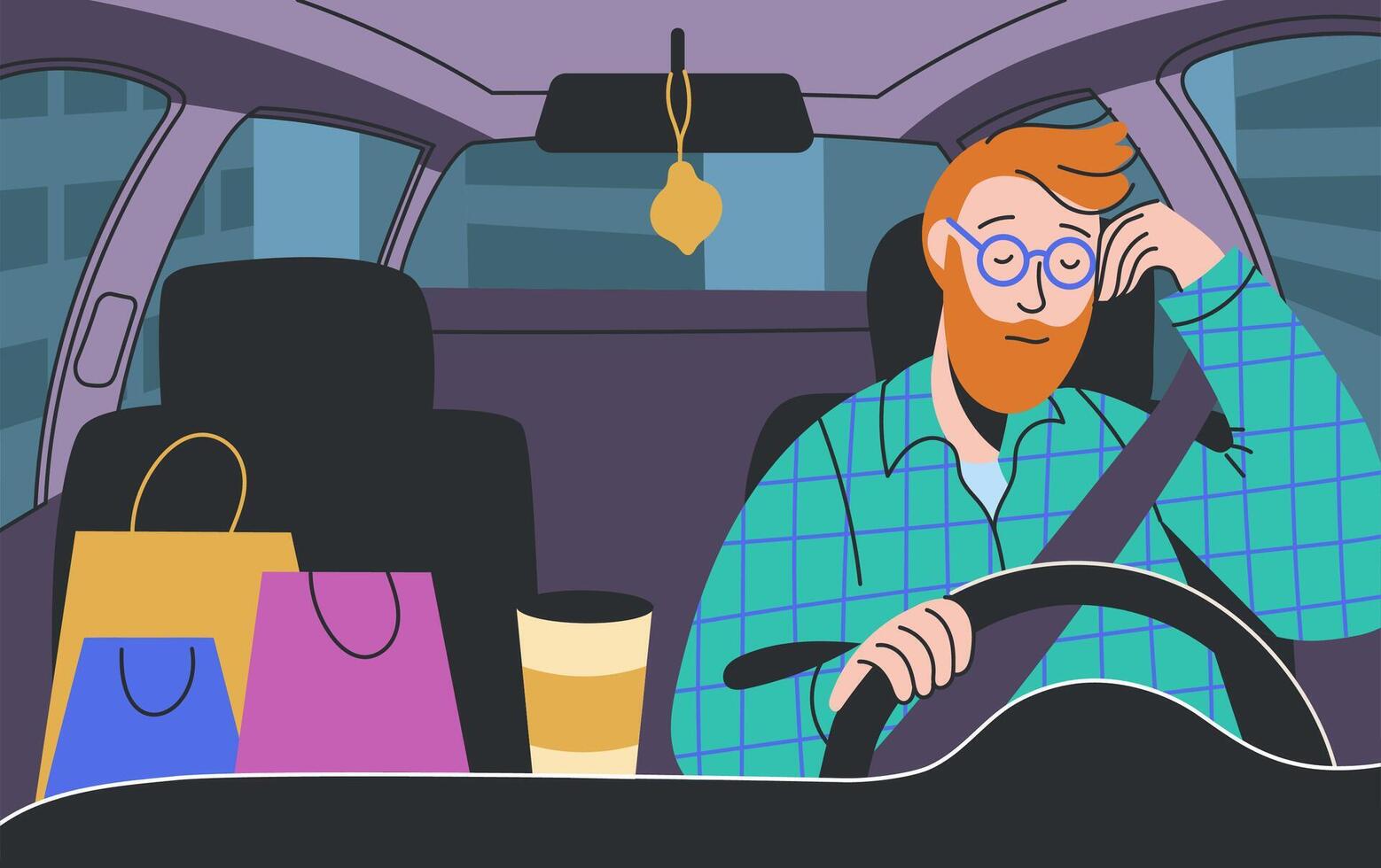 Sleeping driver. Cartoon tired and sleepy man sitting behind the car wheel, drowsy driver dozing off, sleeping driver inside car scene. exhausted person illustration vector