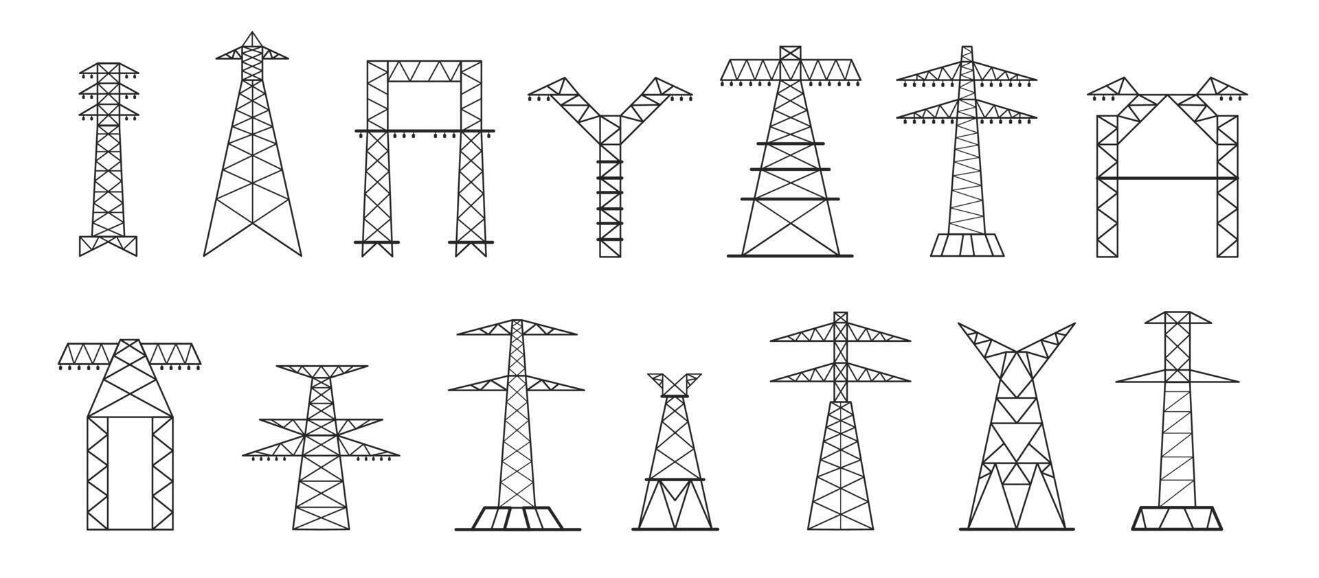 Electric pylon. High voltage power transmission line tower, electricity grid network pole construction, industrial energy supply pylon equipment. isolated set vector