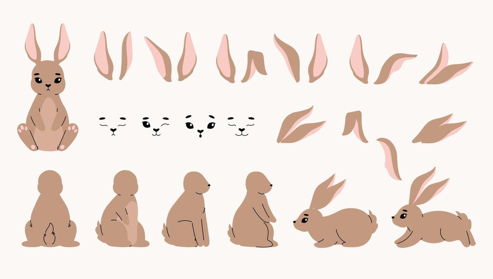 Cartoon bunny elements. Cute rabbit face ears tail paw, rabbits spring easter holiday decoration, flat kids bunnies stickers scrapbooking concept. isolated rabbit set vector