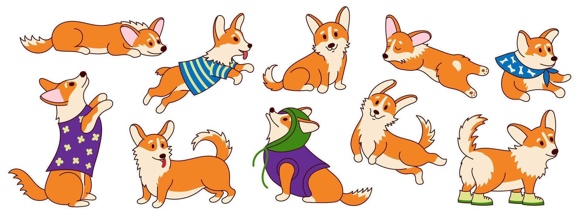 Kawaii corgi puppy. Cute kawaiiness cartoon funny characters with cutie emotions and kawaiify poses, charming pembroke corgi dog mascots. adorable set vector