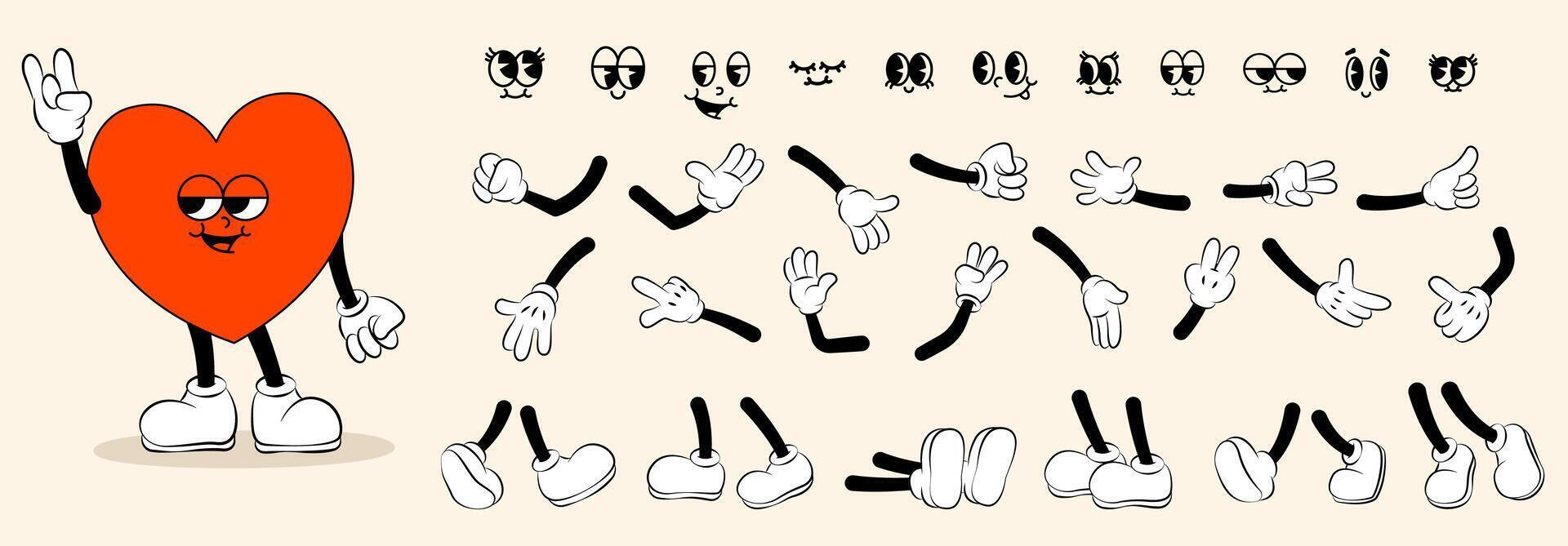 Cartoon mascot elements. Cute comic face with funny emotions, retro vintage mascot character with smiling mouth and happy eyes. isolated set vector