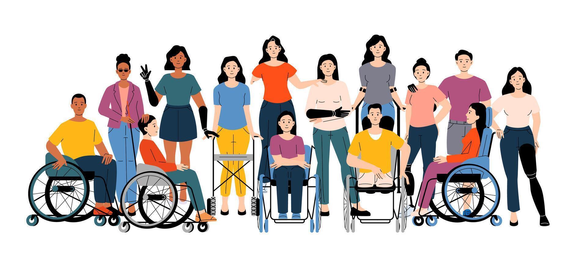 Diverse group of people with disabilities and prosthetics. Individuals standing, sitting in wheelchairs showing inclusion and empowerment. Cartoon illustration vector