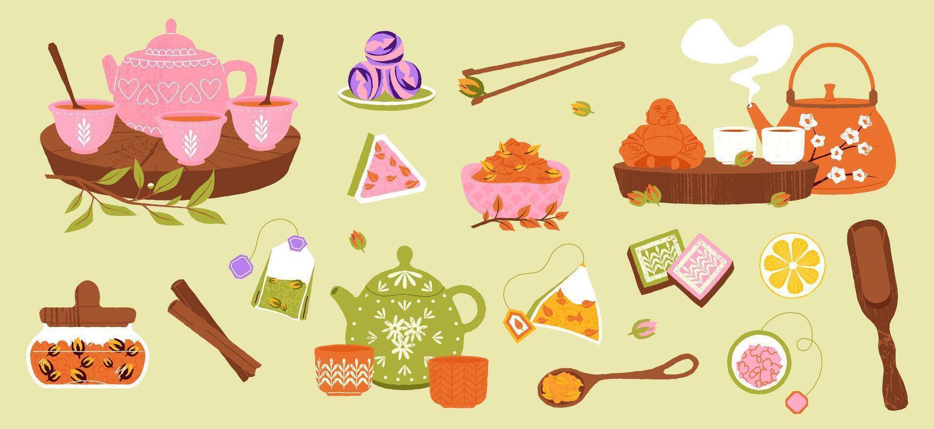 Herbal tea. Cozy tea ceremony with hot beverage in teacup, kettle and teapot, warm drink with lemon and honey. still life illustration vector