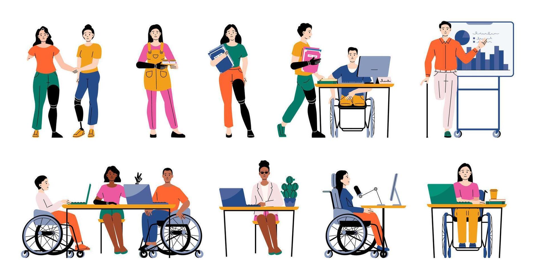 People with disabilities studying, working in offices and collaborating. Using tools like wheelchairs, prosthetics and laptops in educational and professional settings. Cartoon illustration vector